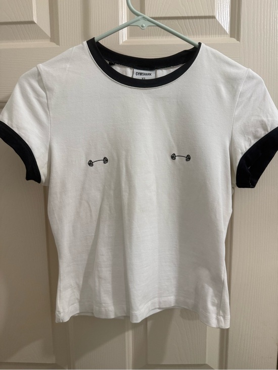 Gymshark Tops - Gymshark White Tee with Black Ringer Trim and Barbell Motif